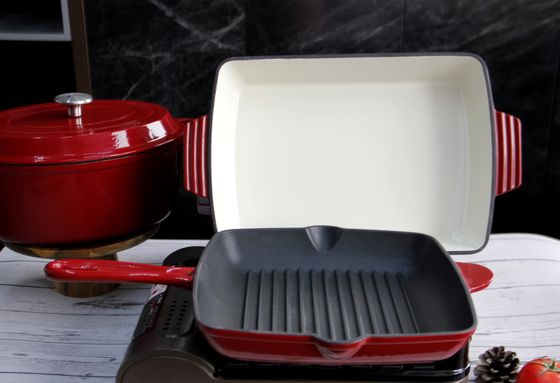 A vara esmaltada vermelha da bandeja 10inch do frigideira do ferro fundido não frita Pan With Ridge
