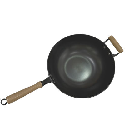 Punho de madeira de Pan Chinese Wok Pan With do ferro fundido resistente de 14 polegadas e tampa de vidro
