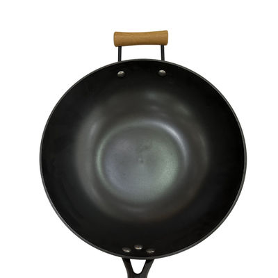 Punho de madeira de Pan Chinese Wok Pan With do ferro fundido resistente de 14 polegadas e tampa de vidro