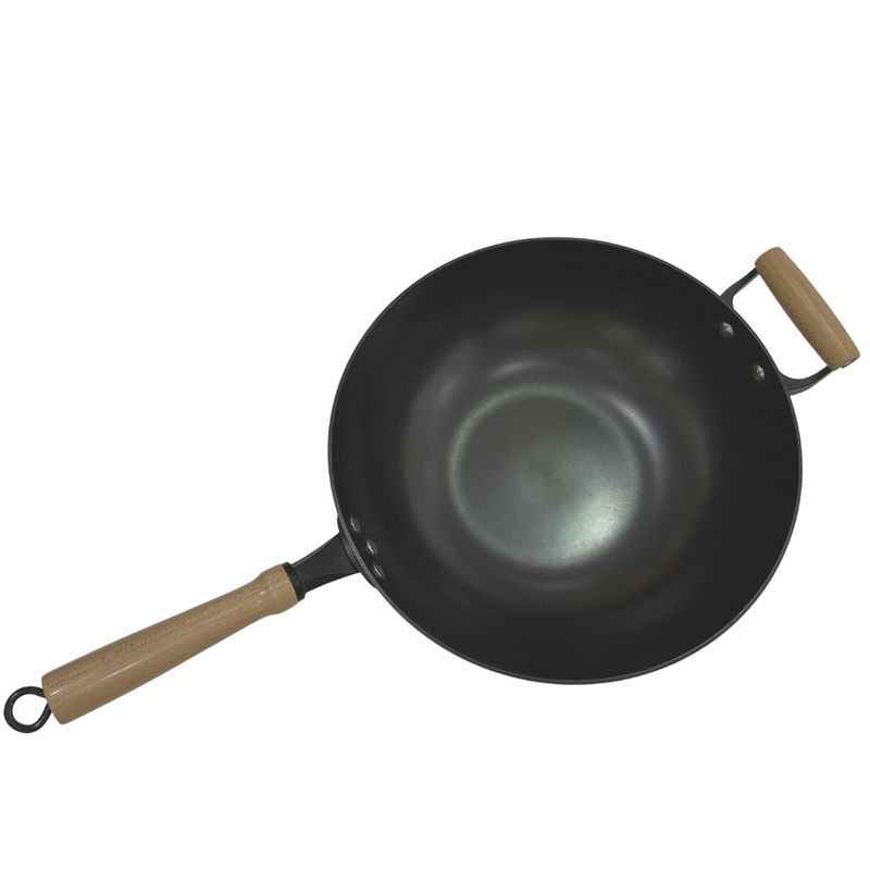Punho de madeira de Pan Chinese Wok Pan With do ferro fundido resistente de 14 polegadas e tampa de vidro
